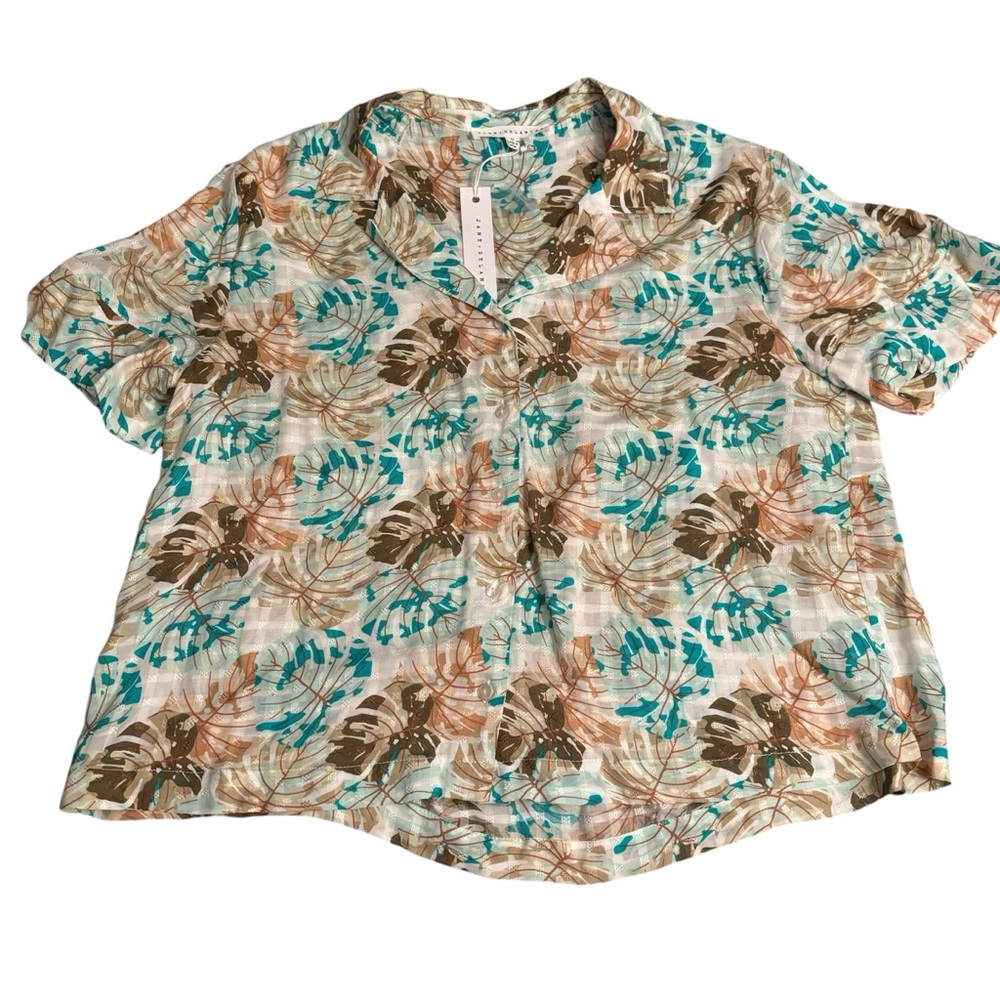 Jane & Delancey white teal & brown leaf print shirt M